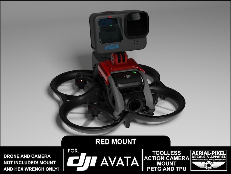May include: Red 3D printed mount for a GoPro action camera, designed to fit a DJI Avata drone. The mount is made of PETG and TPU and is tool-less. The text "RED MOUNT" and "FOR: DJI AVATA" is visible in the image. The text "TOOLLESS ACTION CAMERA MOUNT PETG AND TPU" is also visible in the image.