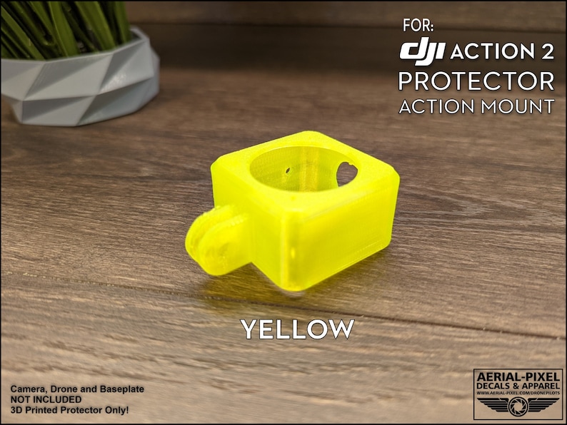 May include: A bright yellow 3D printed protector for a DJI Action 2 camera. The protector is designed to mount to the camera and protect it from damage. The text "FOR: DJI ACTION 2 PROTECTOR ACTION MOUNT YELLOW" is visible in the image.