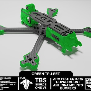 May include: Green TPU set for TBS Source One V5 drone frame. Includes arm protectors, GoPro mount, antenna mounts, and bumpers.