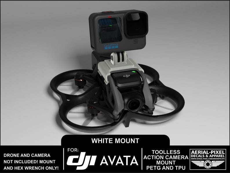 May include: White 3D printed mount for a GoPro action camera, designed to fit the DJI Avata drone. The mount is tool-less and made from PETG and TPU.
