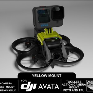 May include: Yellow 3D printed mount for a GoPro action camera, designed to fit the DJI Avata drone. The mount is tool-less and made from PETG and TPU.