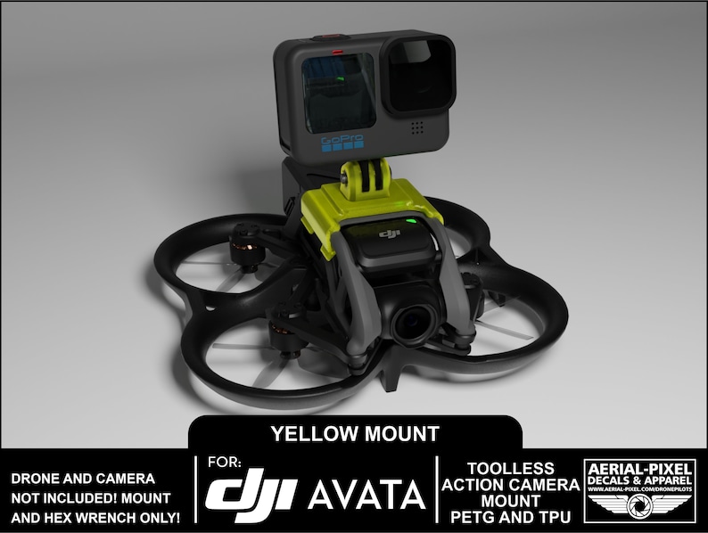 May include: Yellow 3D printed mount for a GoPro action camera, designed to fit the DJI Avata drone. The mount is tool-less and made from PETG and TPU.