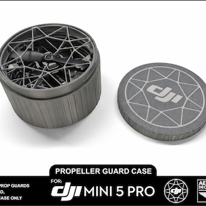 May include: A gray 3D-printed propeller guard case for a DJI Mini 5 Pro drone. The case is cylindrical with a geometric design and a separate lid. The text "PROPELLER GUARD CASE" and "DJI MINI 5 PRO" are visible.