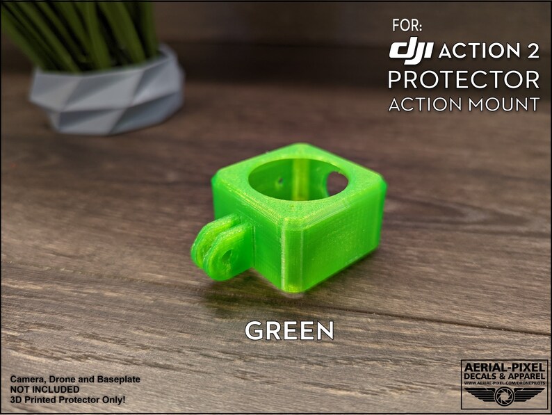 May include: Green 3D printed protector for a DJI Action 2 camera. The protector is designed to fit the camera's action mount. Camera, drone, and baseplate are not included.
