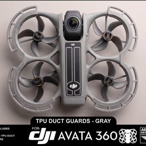 May include: Gray TPU duct guards for a DJI Avata 360 drone. The guards have a circular design with four propellers and a central camera housing. The image includes the text "TPU Duct Guards - Gray" and "DJI Avata 360".