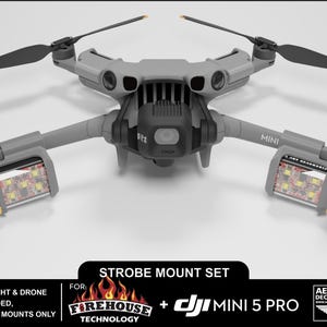 May include: A gray drone with black propellers and a strobe mount set. The drone has the word "MINI" printed on it. The strobe mount set is for the DJI Mini 5 Pro. The image also includes the text "STROBE MOUNT SET" and "FIREHOUSE TECHNOLOGY".