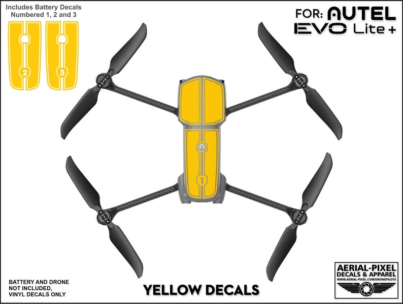 Pu&ograve; includere: Adesivi in ​​vinile gialli per un drone Autel EVO Lite+. Gli adesivi sono numerati da 1 a 3 e sono progettati per essere applicati alla batteria del drone.