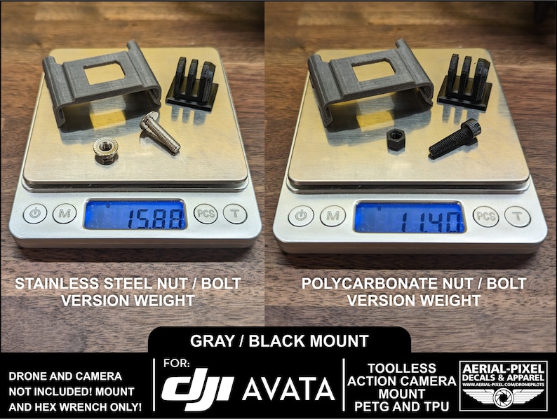 May include: Two different versions of a gray and black 3D printed action camera mount for the DJI Avata drone. The mount is shown on a digital scale with the weight displayed in grams. The left side shows a stainless steel nut and bolt version weighing 15.88 grams. The right side shows a polycarbonate nut and bolt version weighing 11.40 grams. The text "FOR: DJI AVATA" is visible in the image. The text "TOOLLESS ACTION CAMERA MOUNT PETG AND TPU" is also visible in the image.