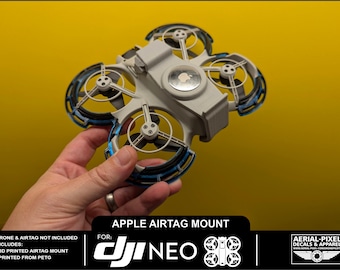 May include: White 3D printed AirTag mount designed for a DJI Mini 2 drone. The mount has a blue and black accent and is printed from PETG.