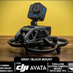 May include: Gray and black 3D printed action camera mount for a DJI Avata drone. The mount is tool-less and made of PETG and TPU. The mount is shown with a GoPro camera attached.  "DRONE AND CAMERA NOT INCLUDED! MOUNT AND HEX WRENCH ONLY!"  "FOR: DJI AVATA"  "TOOLLESS ACTION CAMERA MOUNT PETG AND TPU"  "AERIAL-PIXEL DECALS & APPAREL WWW.AERIAL-PIXEL.COM/DRONEPILOTS"
