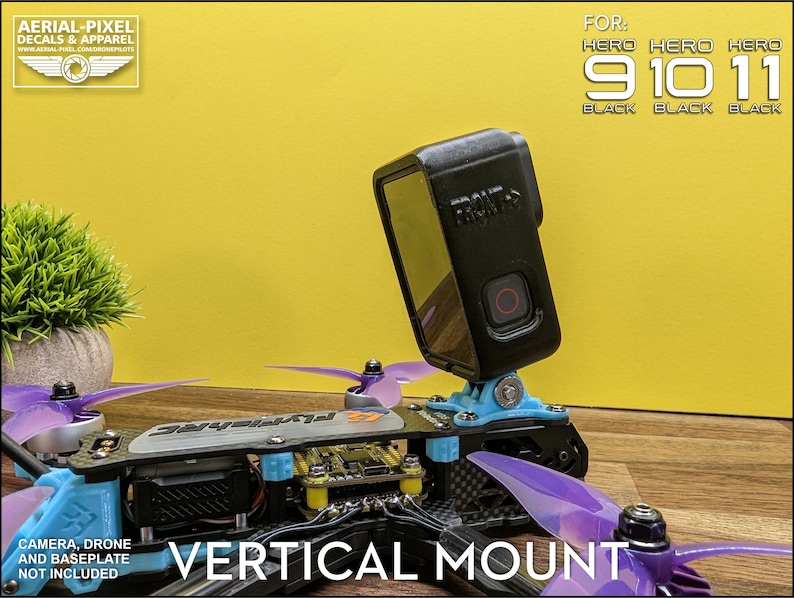 May include: A black GoPro camera mounted on a drone with purple propellers. The mount is blue and the text "VERTICAL MOUNT" is visible. The image also includes the text "HERO 9 10 11 BLACK BLACK BLACK".