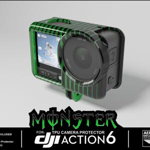 May include: A black and green striped TPU camera protector for a DJI Action 6 camera. The protector features a textured pattern and covers the edges of the device, leaving the lens and screen exposed. The text MONSTER is displayed below.