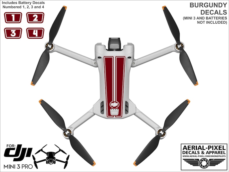 K&ouml;nnte beinhalten: Burgunderfarbene Aufkleber f&uuml;r eine DJI Mini 3 Pro Drohne. Die Aufkleber haben ein rot-wei&szlig; gestreiftes Design. Das Bild enth&auml;lt den Text "BURGUNDY DECALS (MINI 3 AND BATTERIES NOT INCLUDED)" und "FOR: DJI MINI 3 PRO".