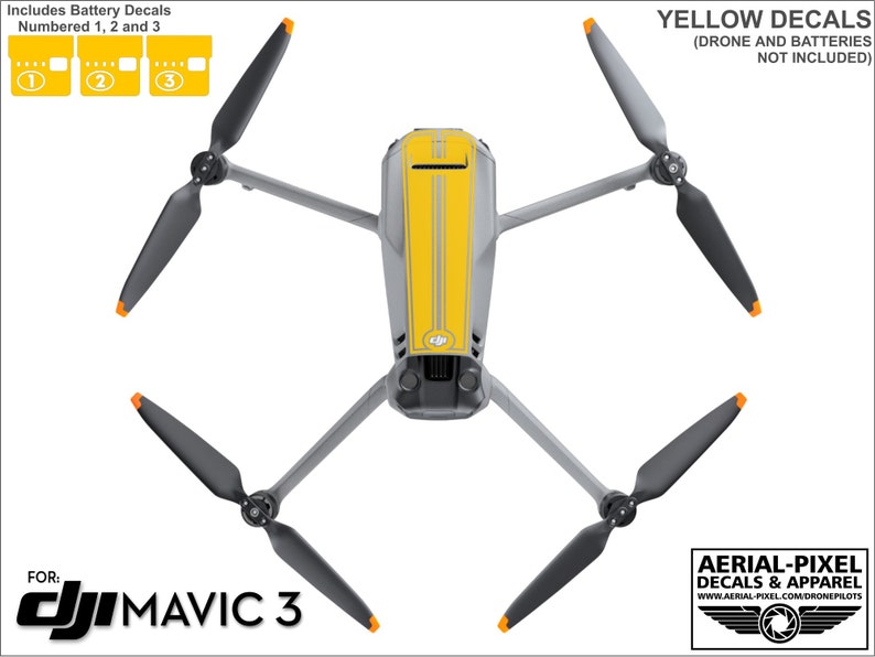 May include: Yellow and gray drone with black propellers. The drone has a yellow stripe down the top and the text "YELLOW DECALS" is printed on the image. The text "FOR: DJI MAVIC 3" is printed at the bottom of the image.