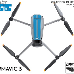May include: A blue and gray drone with a blue and white stripe decal. The drone has four propellers and is labeled "GRABBER BLUE DECALS". The text "FOR: DJI MAVIC 3" is at the bottom of the image.