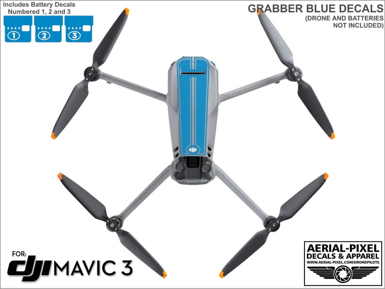 May include: A blue and gray drone with a blue and white stripe decal. The drone has four propellers and is labeled "GRABBER BLUE DECALS". The text "FOR: DJI MAVIC 3" is at the bottom of the image.
