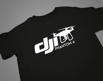 May include: Black t-shirt with a white DJI Phantom 4 logo. The logo features the DJI logo and a silhouette of the drone.