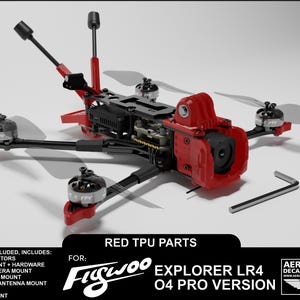 May include: Red 3D printed parts for a Figwood Explorer LR4 04 Pro Version drone. The parts include arm protectors, a GoPro mount, a camera mount, an RX antenna mount, a VTX 04 Pro antenna mount, a GPS mount, and a buzzer mount.