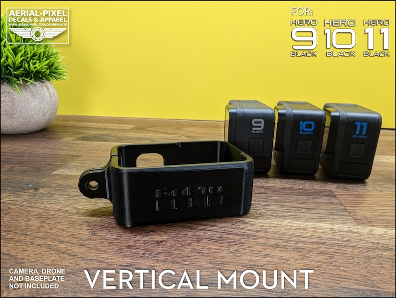 May include: Black vertical mount for GoPro Hero 9, 10, and 11 Black cameras. The mount is made of black plastic and has the text "GoPro" on the side. The image also shows the GoPro cameras.