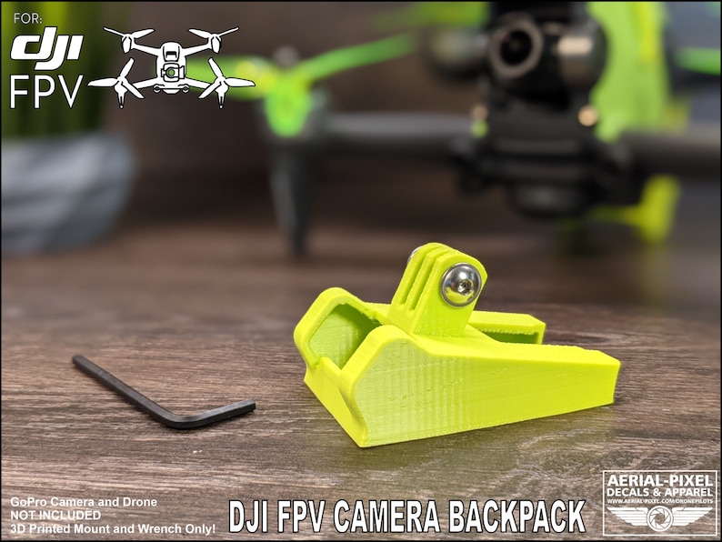 May include: A bright green 3D printed camera mount for a DJI FPV drone. The mount is designed to hold a GoPro camera. The text "DJI FPV CAMERA BACKPACK" is printed on the image.
