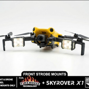 May include: A yellow and black drone with four propellers and two front strobe lights. The drone has a camera and is labeled "SKYROVER X1". The image also includes text that reads "FRONT STROBE MOUNTS" and "FIREHOUSE TECHNOLOGY".