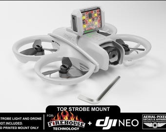 May include: White 3D printed drone mount for a DJI Neo drone. The mount is designed to hold a strobe light on top of the drone. The text "FOR: FIREHOUSE TECHNOLOGY + DJI NEO" is printed on the bottom of the image.