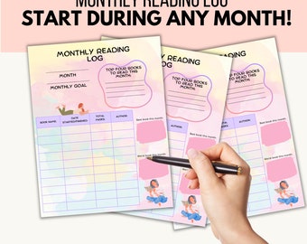 Pink and Purple Monthly Reading Log, Monthly Reading Log, Reading Log, Printable, 12 Pages