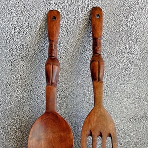Carved African Wood Decorative Fork and Spoon Set, African Face Carved Wood Spoon and Fork