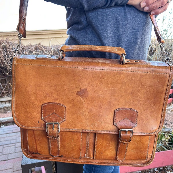 Vintage Tan Leather, Shoulder Bag. Rustic Leather Laptop, Briefcase with Buckles, Front Pockets