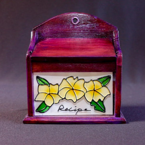 Vintage Recipe Box, Purple, yellow, stained glass, shou sugi ban wood burning technique, 3x5 cards