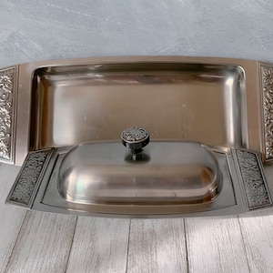 Vintage Stanley Roberts Steel Bread Plate and Butter Set, Floral Motif Handles, Stainless Steel Serving Dishes, Mid Century Kitchen Serving