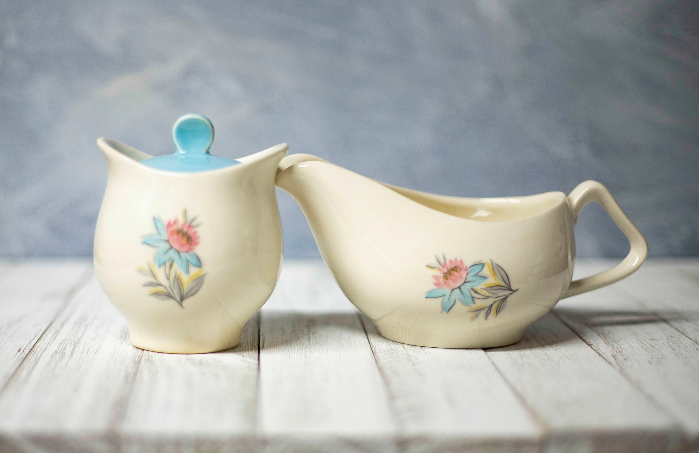 Cream and Sugar Set With Blue and Pink Floral Motif. Matching Etsy UK