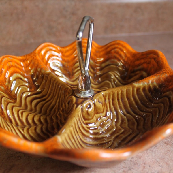 Orange and Brown Clam Shell Design Divided Serving Ceramic Bowl with Handle