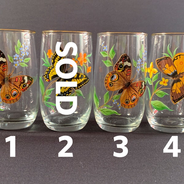 Vintage West Virginia Glass Company, Highball Drinking Glass Replacements, Butterfly Drinking Glasses with Gold Rim