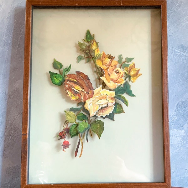 3D Painted Roses on Glass Painting, Layered Glass Painting, 1974, Original Painting, Signed by Artist