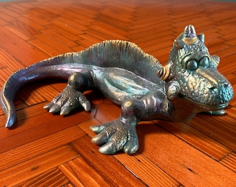 Hand Painted Ceramic Dragon, Iridescent Paint, Purple, Blue and Gold, Fun Dragon Figurine, Boho Dragon