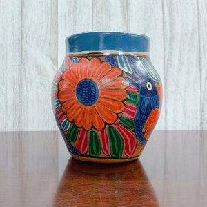 Mexican Hand Painted Pot, Mexican Pottery with Birds and Flowers