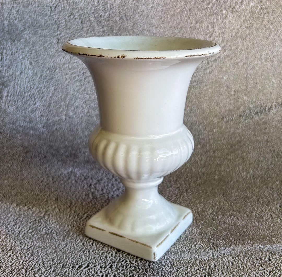 Small White Ceramic Urn Style Vase Planter, Farmhouse Style Vase ...
