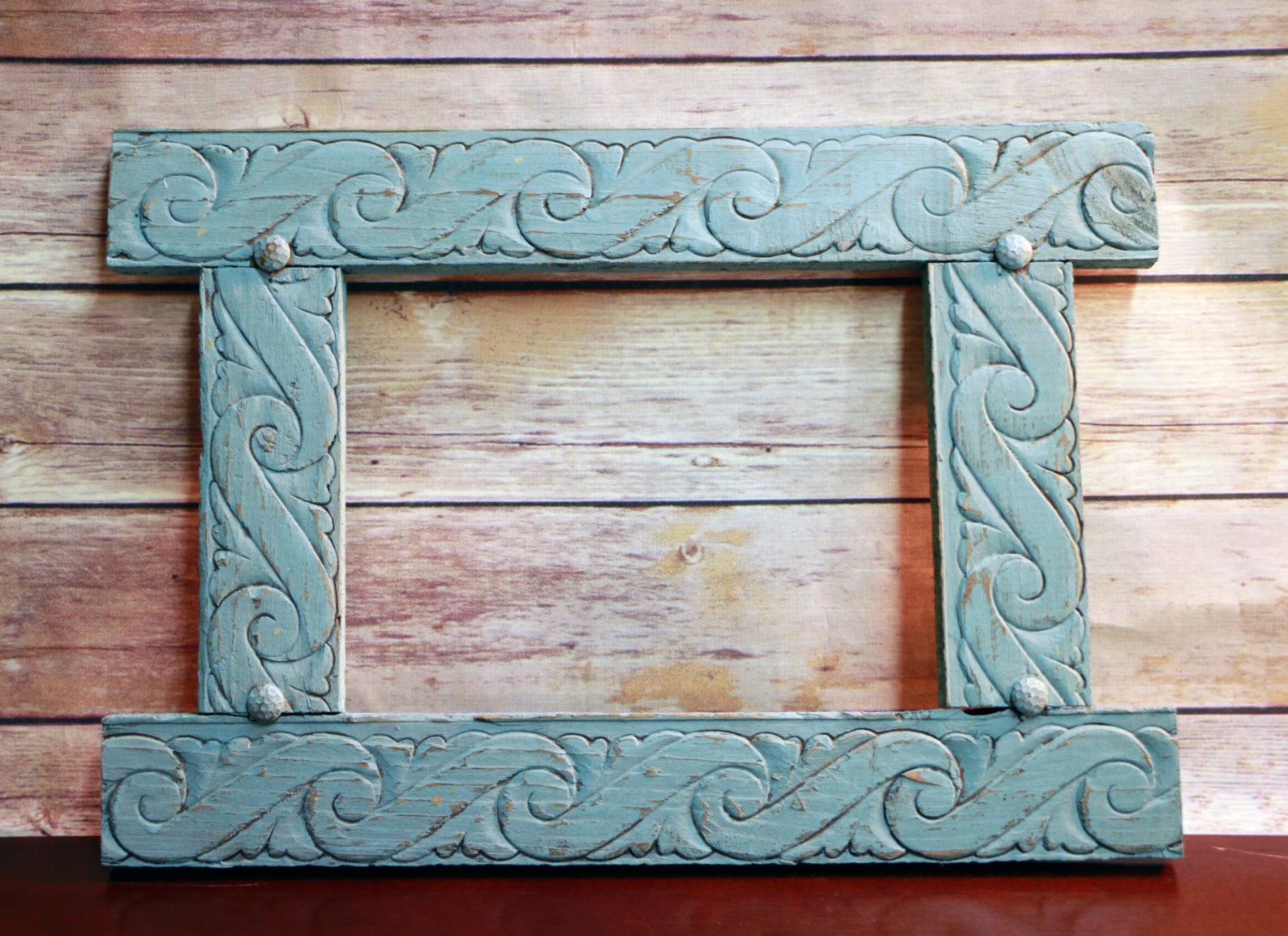 Turquoise Picture Frame With Tacks Rustic Hand Painted Etsy