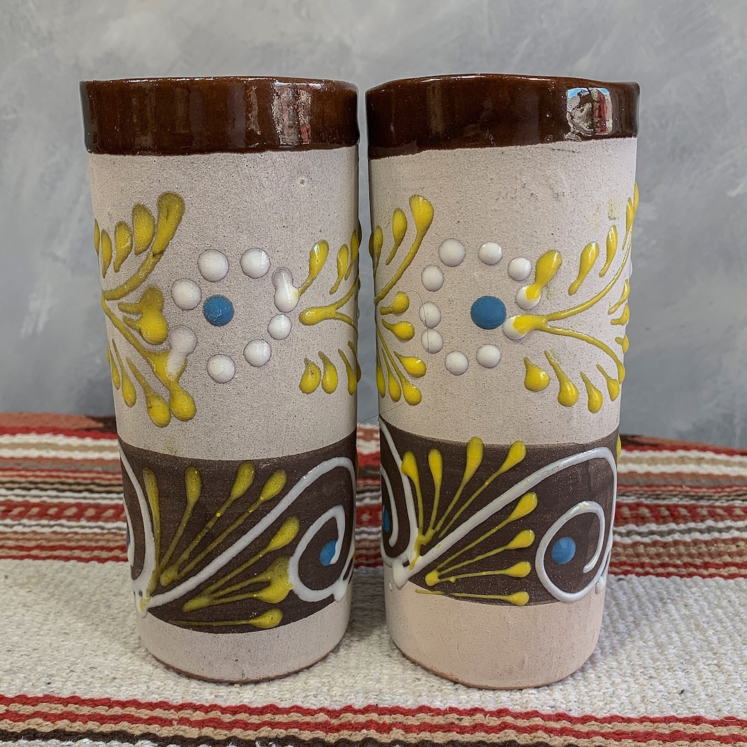 Mexican Pottery Jarritos Vasos Mexicanos, Hand Painted, Yellow Brown