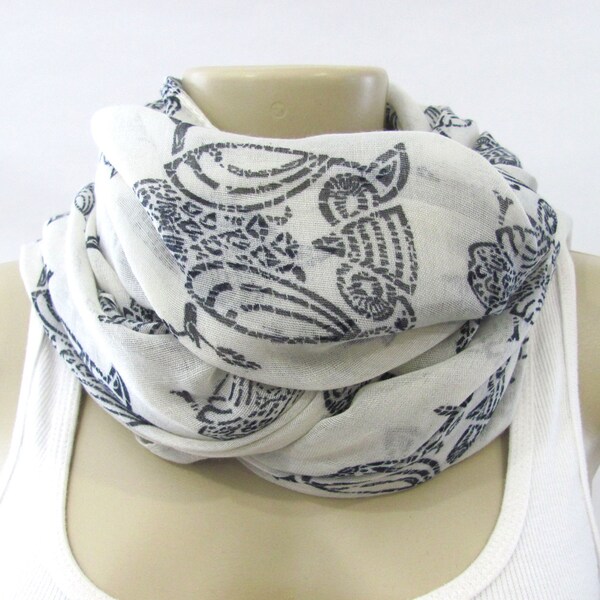 Owl Ivory and Black Fashion Scarf