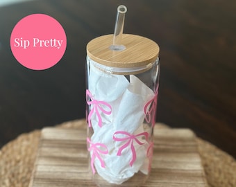 Bow Glass Can Cup – Iced Coffee Tumbler with Bamboo Lid & Straw