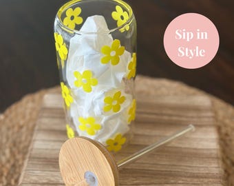 Floral Glass Can Cup: Vinyl Flower Tumbler with Lid & Straw