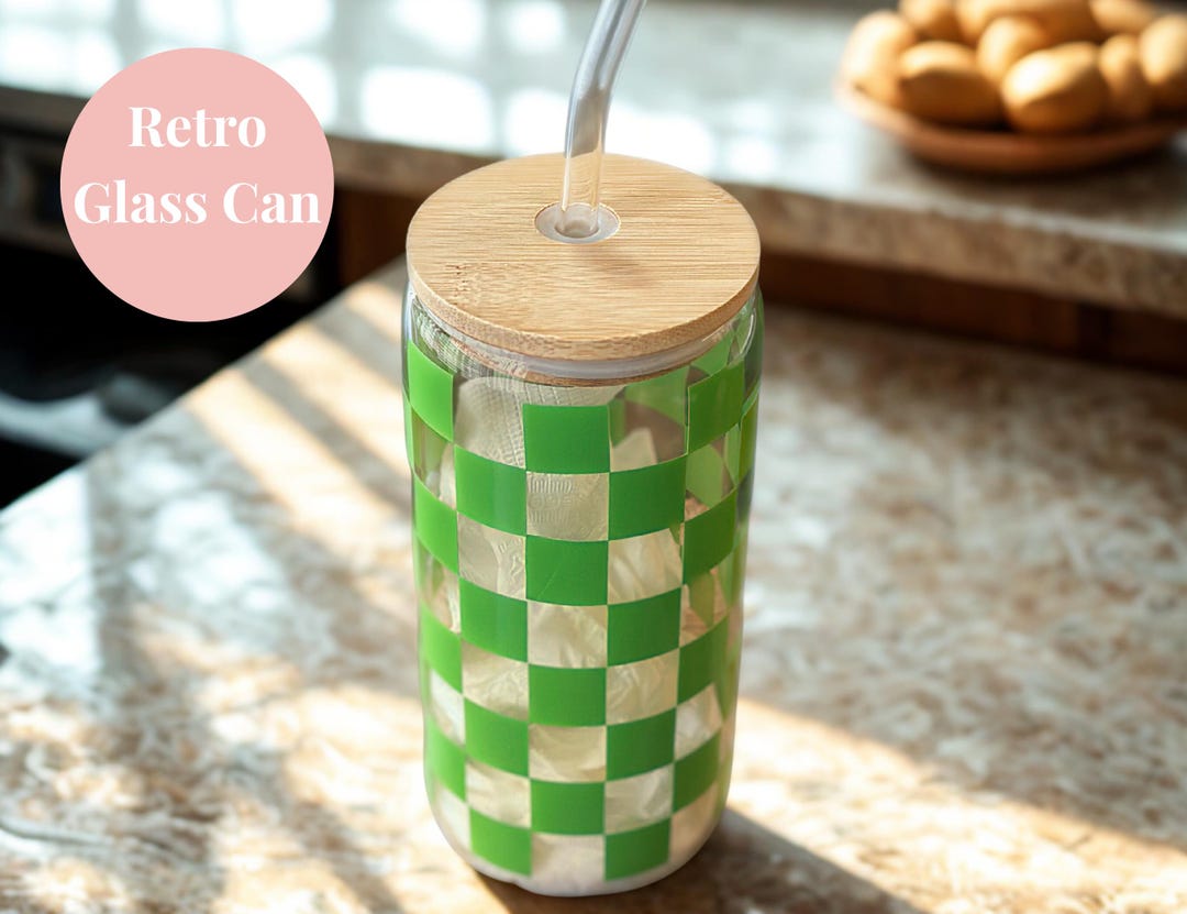 Retro Checkered Glass Tumbler: Iced Coffee Cup With Lid & Straw - Etsy