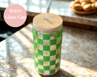 Retro Checkered Glass Tumbler: Iced Coffee Cup with Lid & Straw