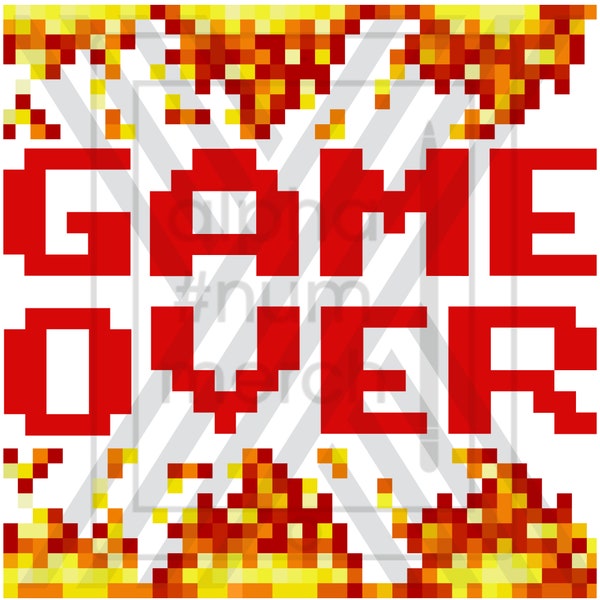 Digital file PNG Game Over Fire Pixelated Arcade retro style high resolution 6000 x 6000 px, printable, sublimation