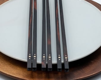 Brass & Ebony Wood Chopstick Set Handmade. Ebony Wood Dots Unique Gift for Him Her Elegant Utensils for Sushi Lover