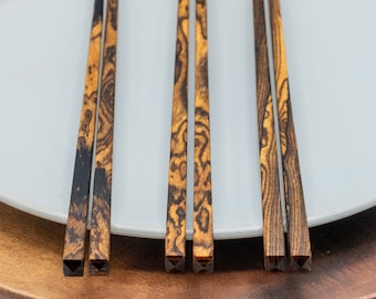 Handmade Chopsticks Figured Bocote Wood Set with Gift Box Unique Gift for Him or Her - Elegant Utensils for Sushi Lover Personalized Present