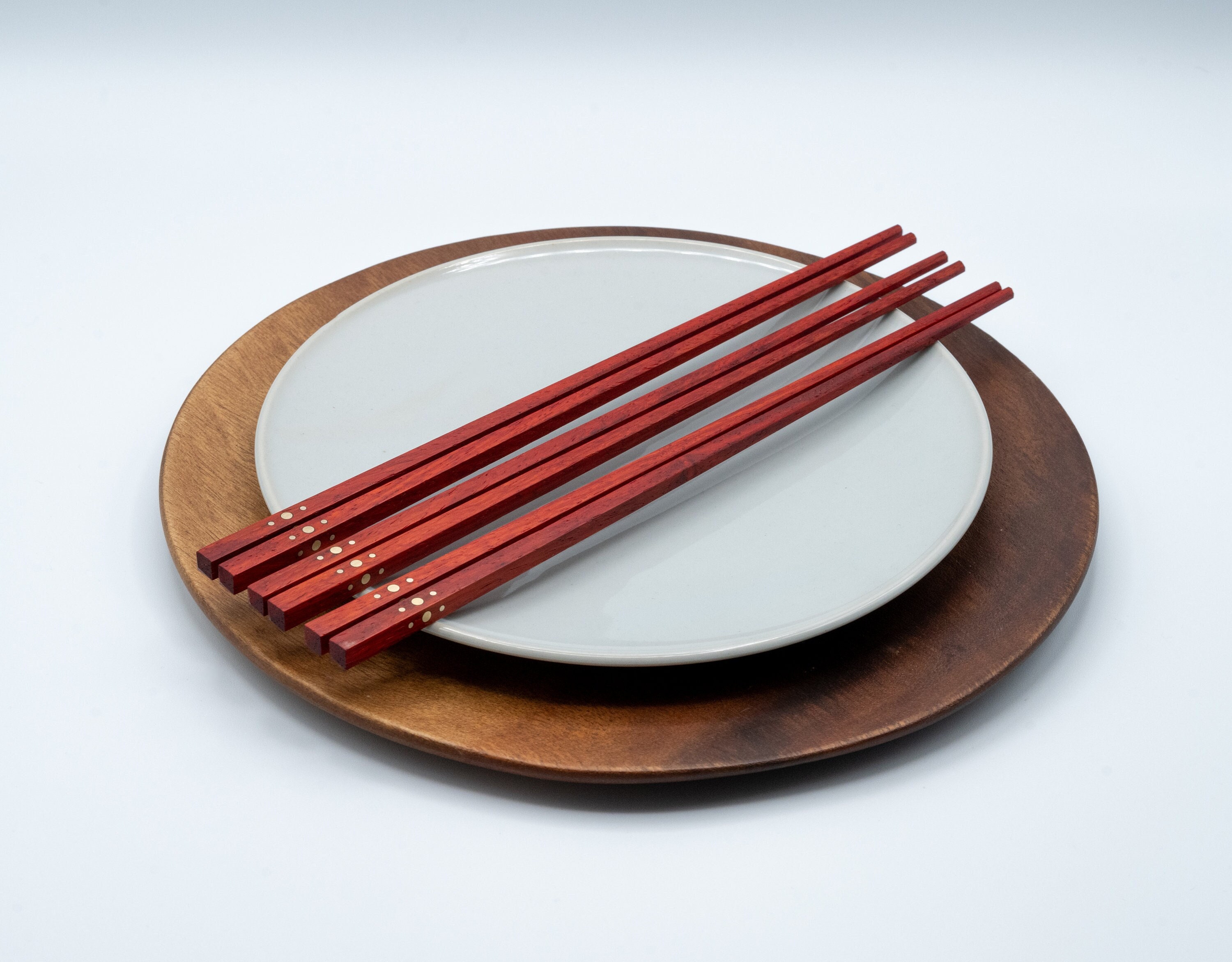Brass & Wood Chopsticks Set - Handmade -Red Padauk Dot - Unique Gift for Him Her Elegant Utensils for Sushi Lover Personalized