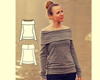 Womens Shirt Pattern. Pullover Pattern, off-the-shoulder sweatshirt pattern. Sweater Sewing pattern.